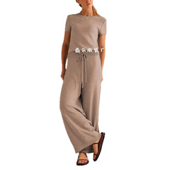 Beige Short-Sleeve Knit Top & Wide-Leg Pants Set