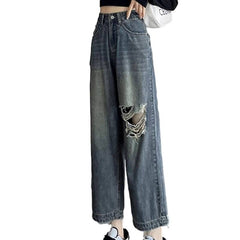 High Waist Ripped Straight Leg Casual Denim Jeans