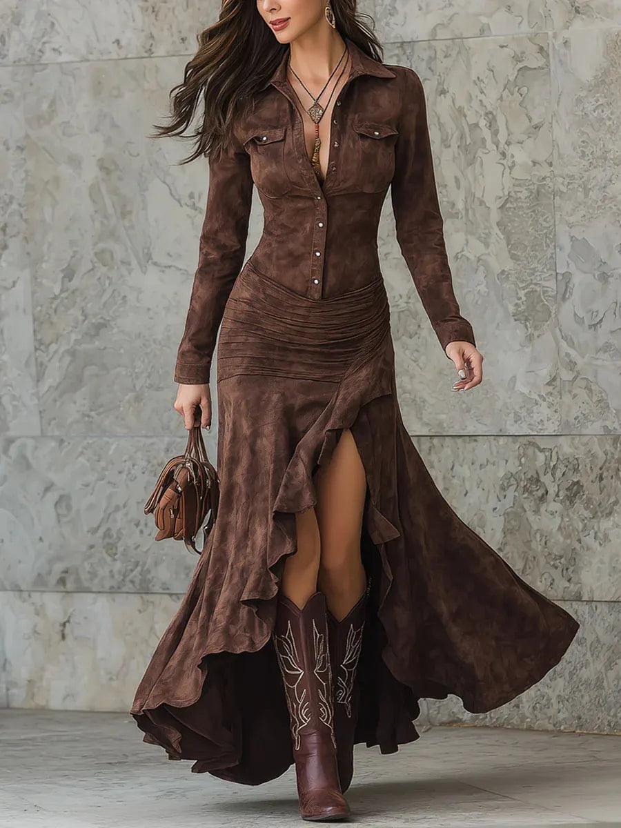 Faux Suede Western Maxi Dress