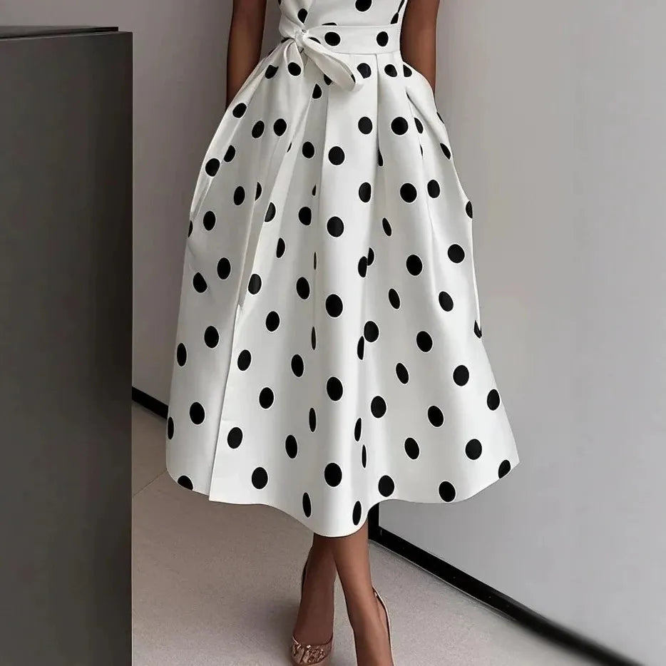 Polka Dot V Neck Sleeveless Wrap Tie High Waist A-Line Midi Dress