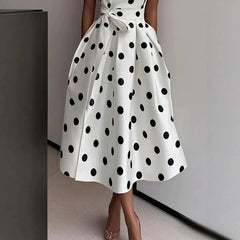 Polka Dot V Neck Sleeveless Wrap Tie High Waist A-Line Midi Dress
