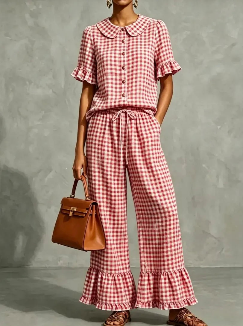 Gingham Peter Pan Collar Ruffle Short Sleeve Top & Flared Pants Two Piece Set