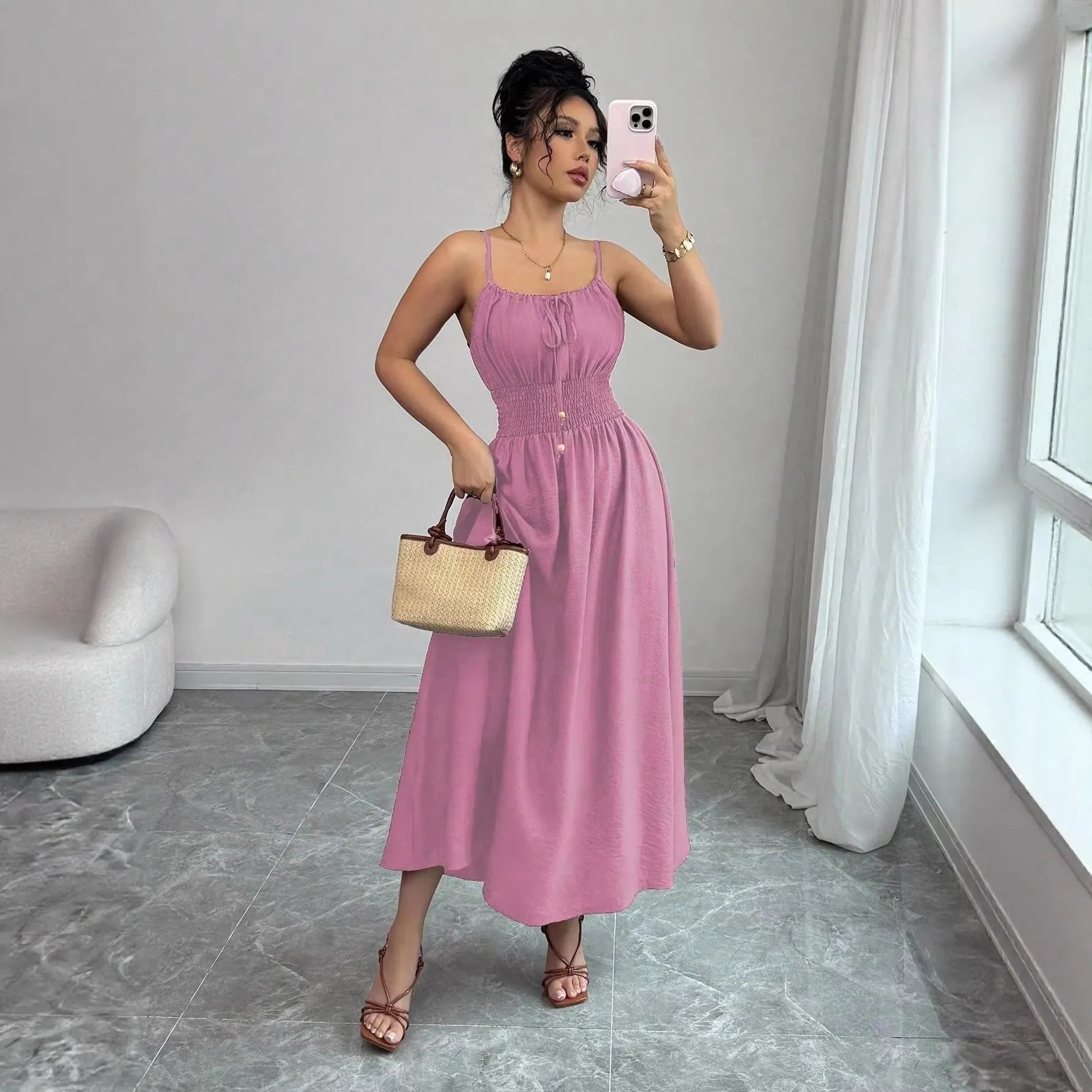 One-Shoulder Spaghetti Strap Smocked Elastic Waist Solid A-Line Maxi Dress
