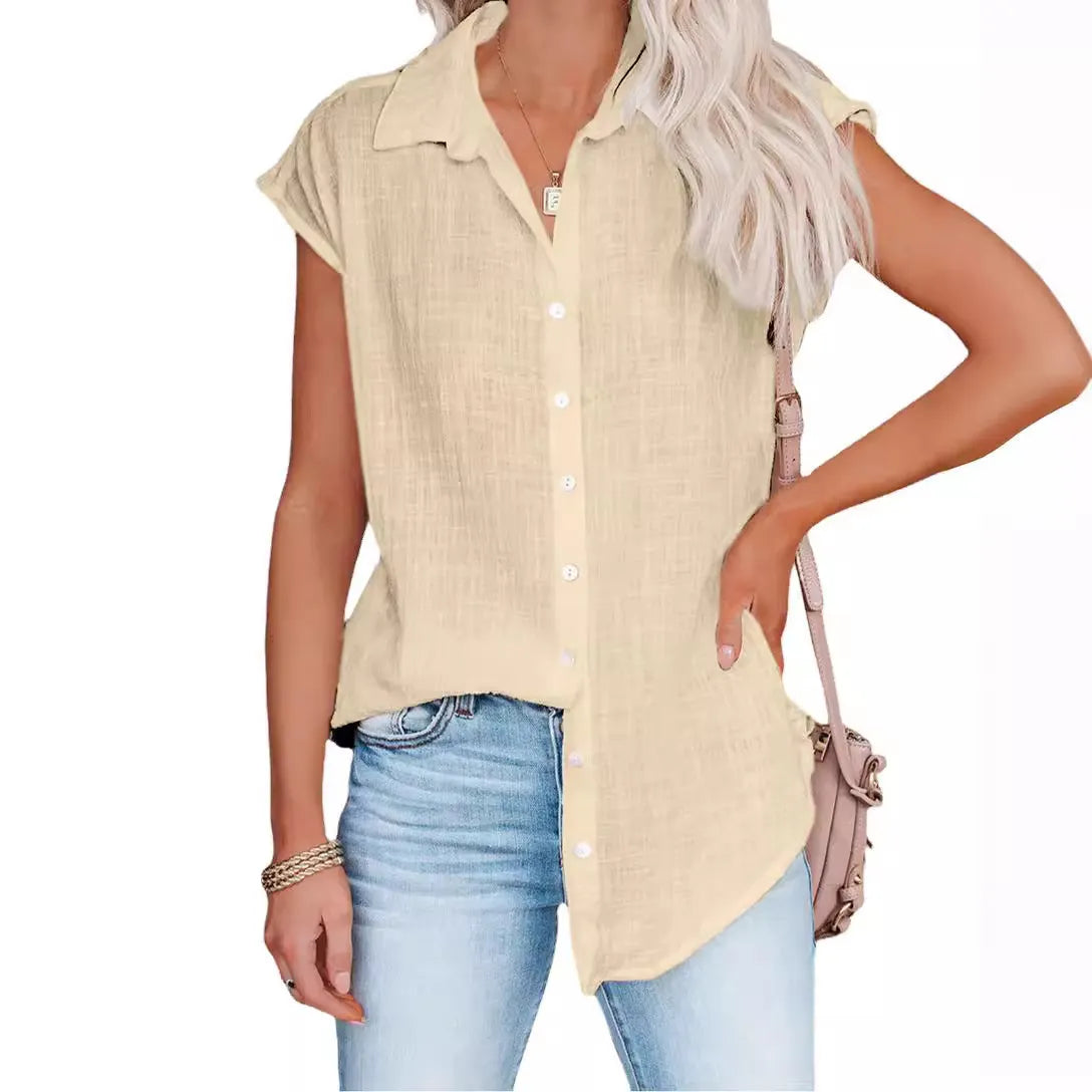 White Sleeveless Button Down Shirt, Loose Fit Linen Blend Blouse for Summer