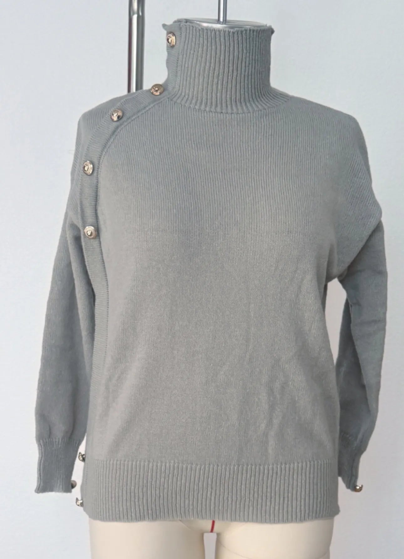 Chic Blue Turtleneck Knit Sweater, Statement Side Gold Buttons Casual Fall Winter Top