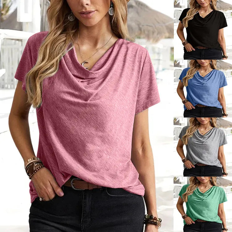 Solid Color Cowl Neck Loose Fit Short Sleeve T-Shirt