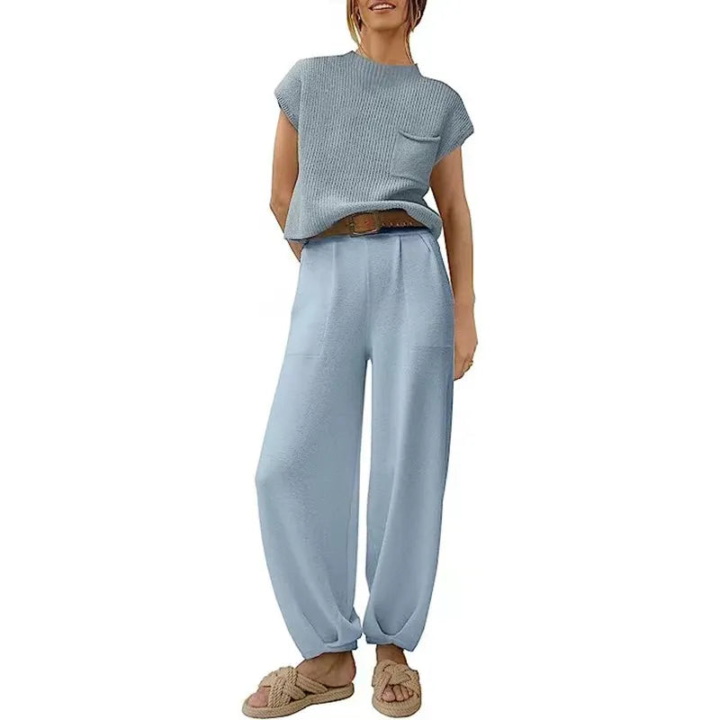 White Knit Short-Sleeve Top & Khaki High-Waisted Pants Two-Piece Set