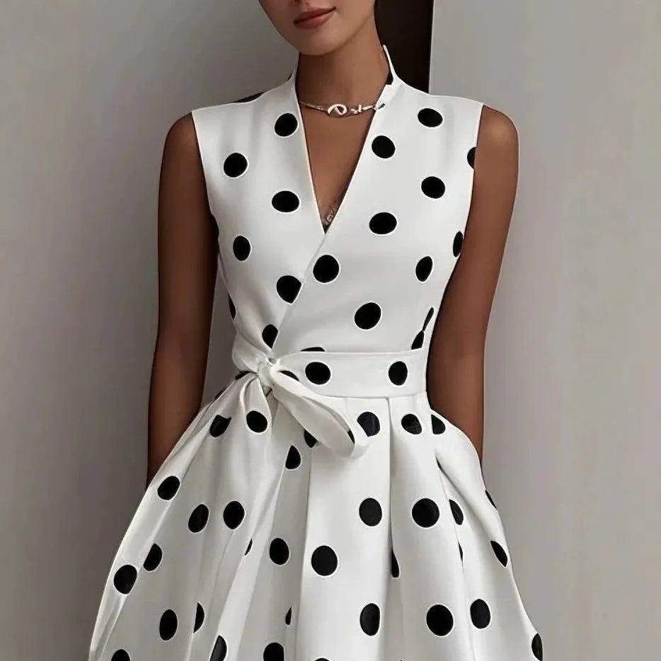 Polka Dot V Neck Sleeveless Wrap Tie High Waist A-Line Midi Dress