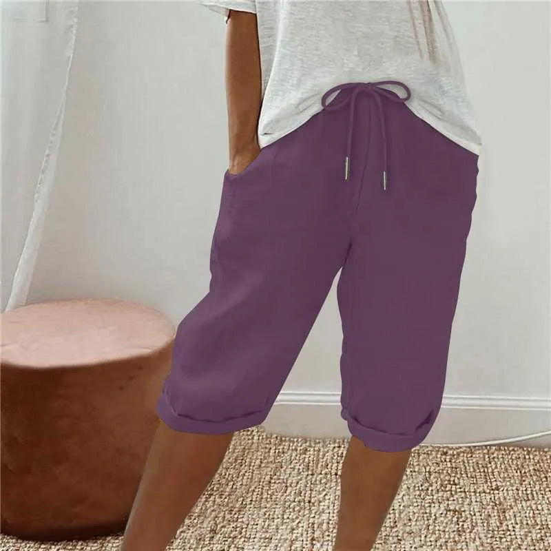 Cotton Linen Drawstring Waist Capri Pants,