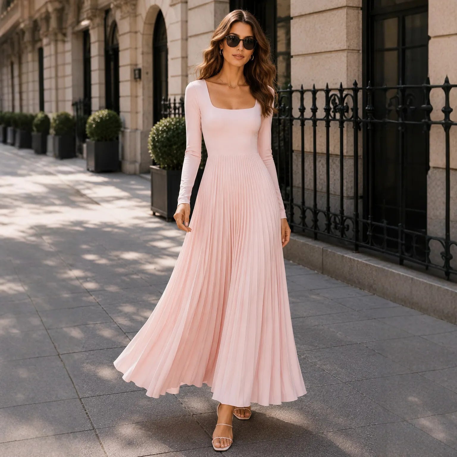 Square Neck Long Sleeve High Waist Pleated Maxi Dress Elegant Commuter Dress