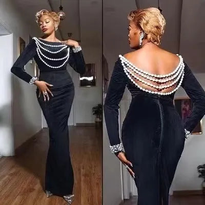 Solid Pearl Beaded Round Neck Long Sleeve High Waist Velvet Mermaid Maxi Dress