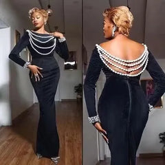 Solid Pearl Beaded Round Neck Long Sleeve High Waist Velvet Mermaid Maxi Dress