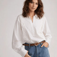 White Floral Embroidery Eyelet Collar Oversized Long Sleeve Cotton Shirt