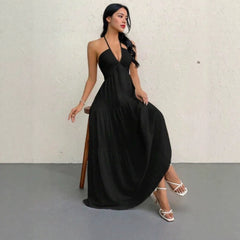 White Halter V-Neck Tiered Maxi Dress