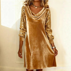 Golden Velvet Sequined-Sleeve Shift Dress