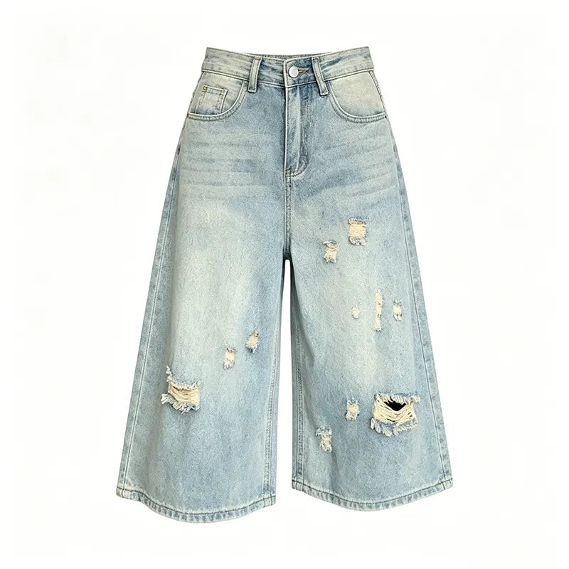 High Waist Ripped Wide Leg Cropped Jeans