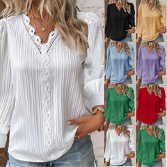 White Lace Trim Blouse, V-Neck Puff Sleeve Textured Long Sleeve Top