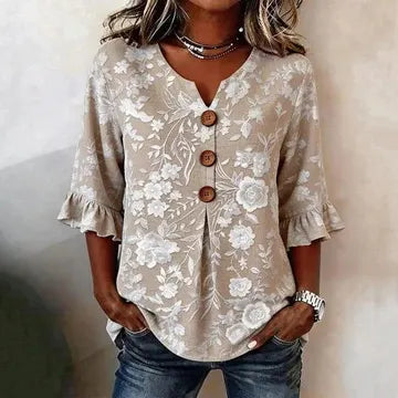 Round Neck Floral Printed Single Breasted 3/4 Ruffle Sleeve Loose Blouse