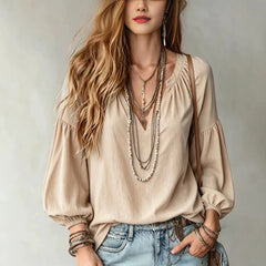 Notched V Neck Puff Sleeve Elastic Cuff Relaxed Fit Shirt