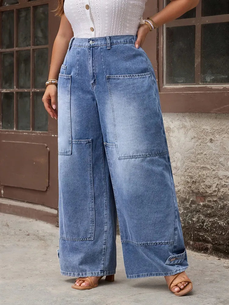 Plus Size Patch Pocket Wide Leg Jeans
