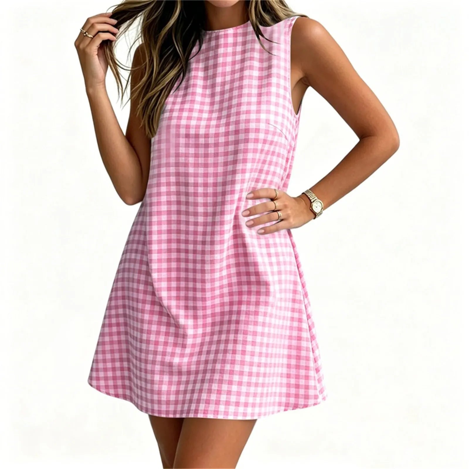 Round Neck Gingham Check Sleeveless Loose A-Line Mini Casual Dress
