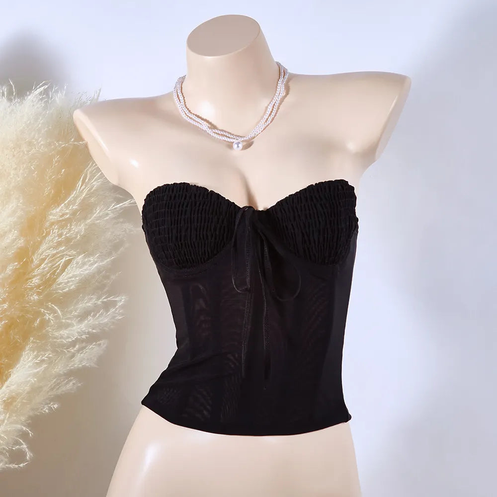 Strapless Smocked Front Bow Mesh Corset Tube Top