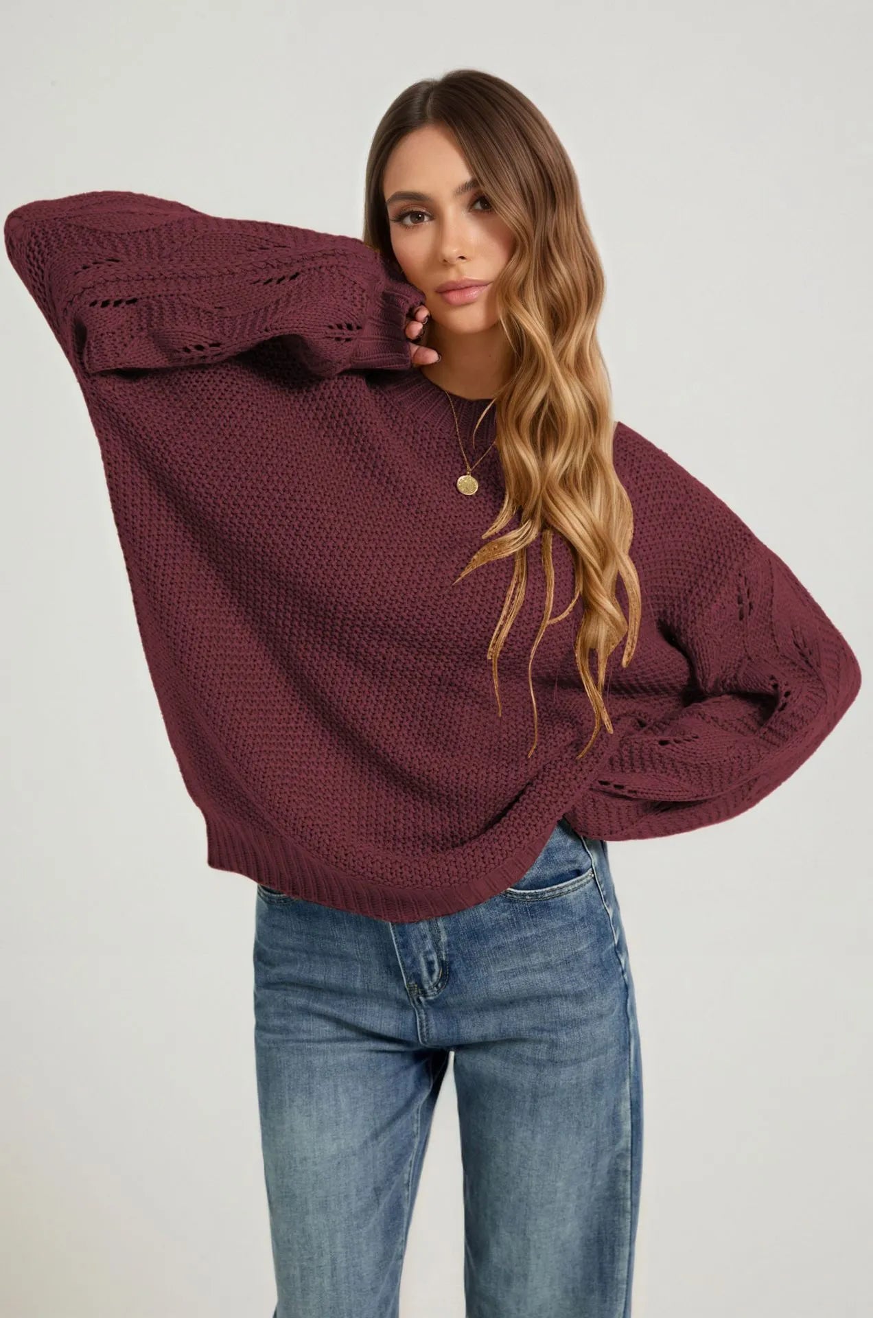 Textured Waffle Knit Oversized Crewneck Sweater Hollow Cable Sleeve Fall Jumper