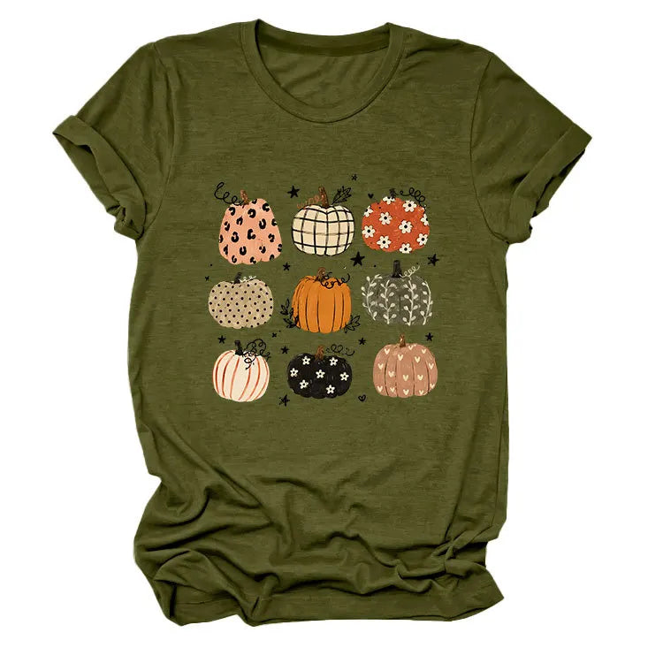 Leopard Floral Plaid Pumpkin Casual Short Sleeve Tee