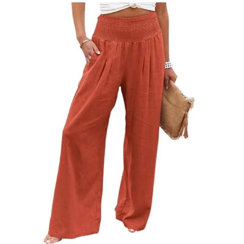 High Waist Smocked Waistband Cotton Linen Wide Leg Pants
