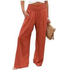 High Waist Smocked Waistband Cotton Linen Wide Leg Pants