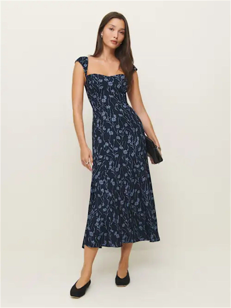 Sweetheart Cap Sleeve Allover Floral Print High Waist Split Midi Dress