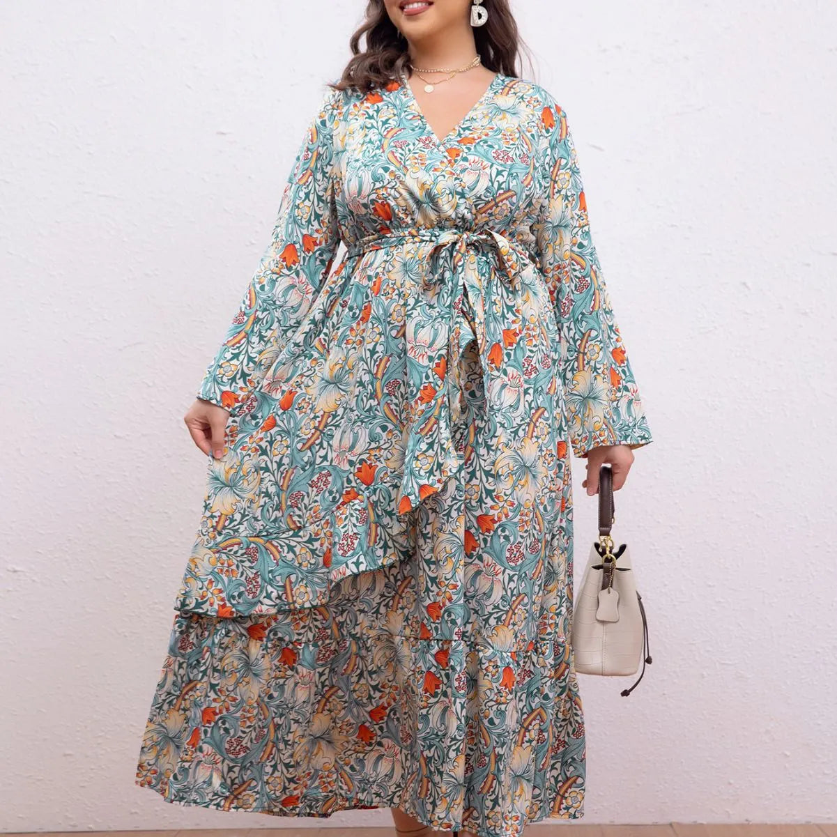 Plus Size Floral Print V‑Neck Wrap Long Dress