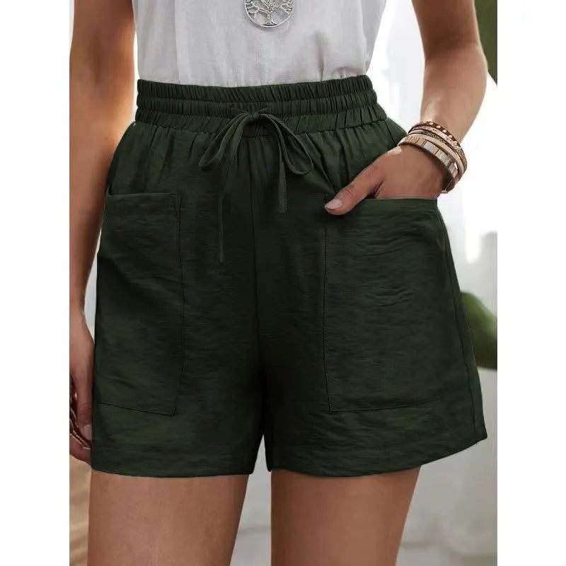 Solid Color Elastic Waist Drawstring Pocket Detail Wide Leg Shorts
