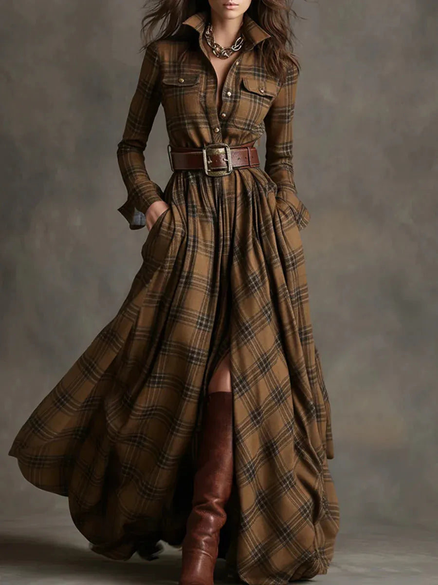 Brown Tartan Plaid Maxi Shirt Dress for Lapel Collar Pockets Waist Belted Fall Long Dress