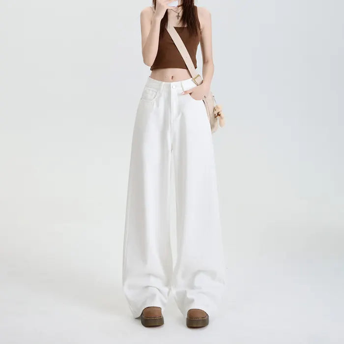 High Waist Non-Stretch Retro White Wide Leg Denim Pants