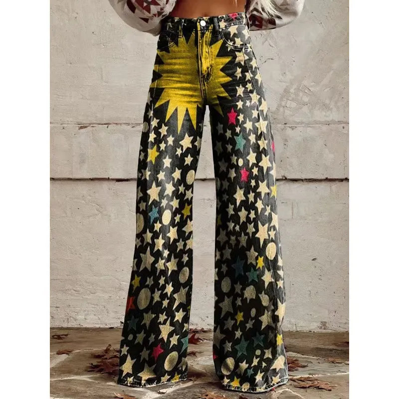 High Waist Western Cowboy Horse Print Wide Leg Pants