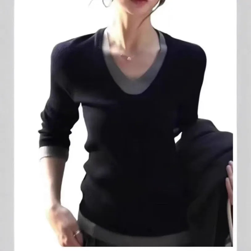 Mock Two‑Piece Contrast V Neck Ribbed Knit Top