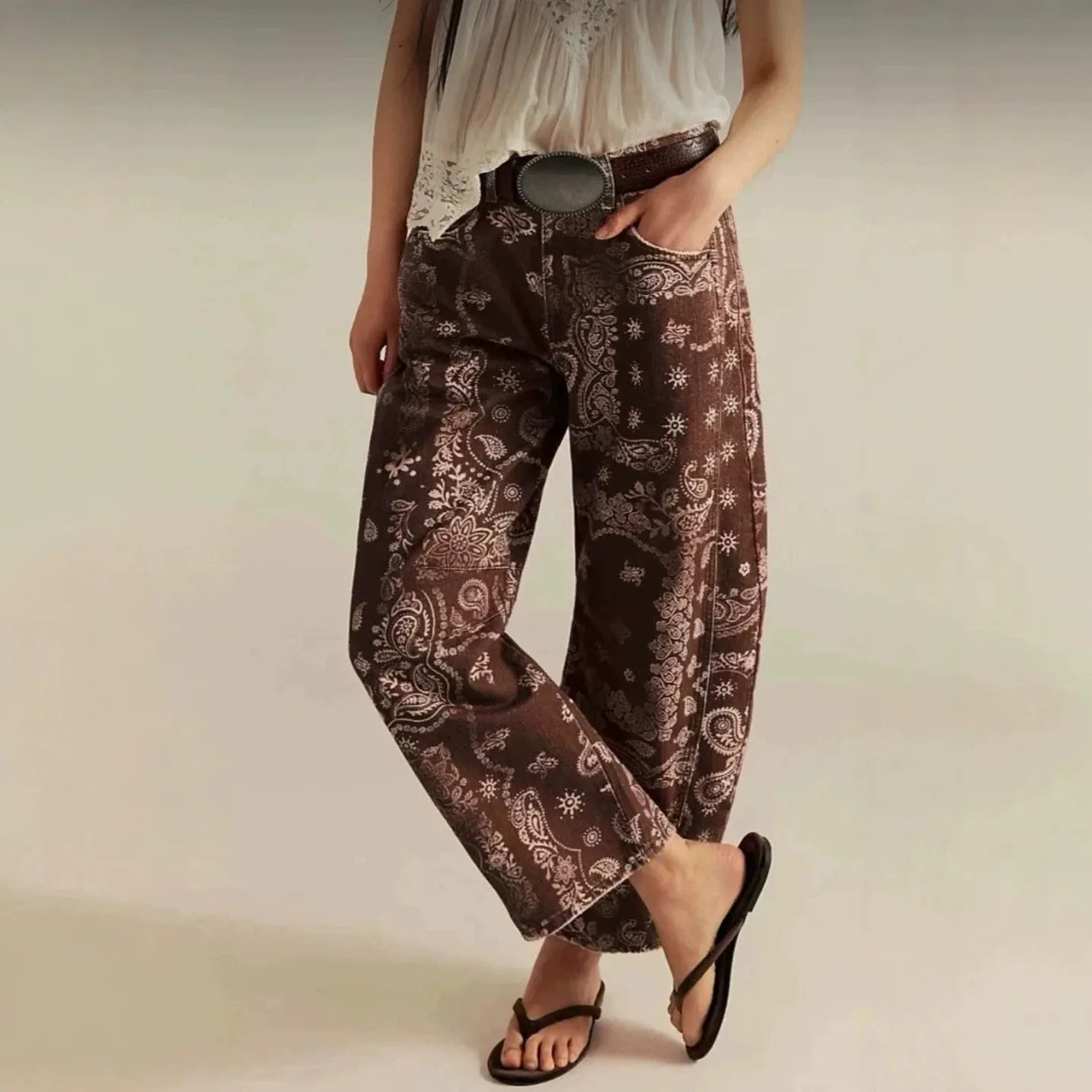 Mid‑Waist Striped Printed Loose Barrel Jeans