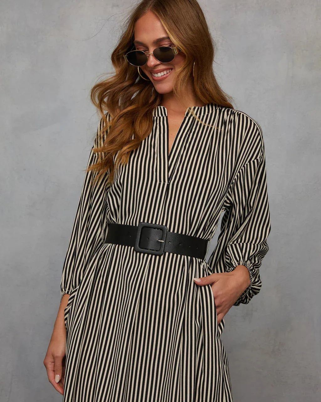 Stripe Balloon Sleeve Midi Shirt Dress With Belt