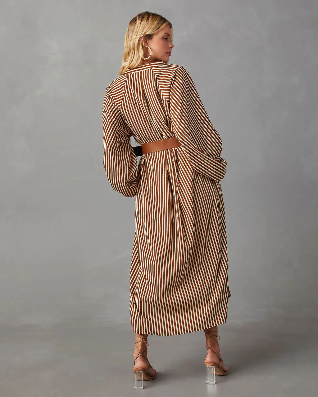 Stripe Balloon Sleeve Midi Shirt Dress With Belt