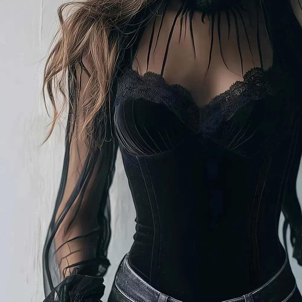 Mesh Sheer High Neck Fringe Corset Long Sleeve Slim Fitted Bodysuit Top