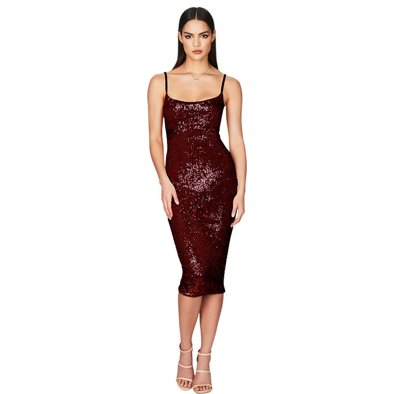 Sequin Spaghetti Strap High Waist Bodycon Midi Dress