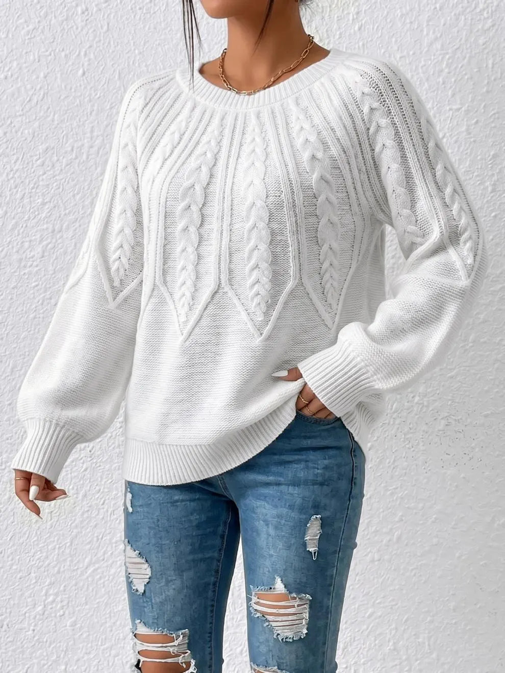 White Cable Knit Crew Neck Sweater Oversized Long Sleeve Pullover Jumper