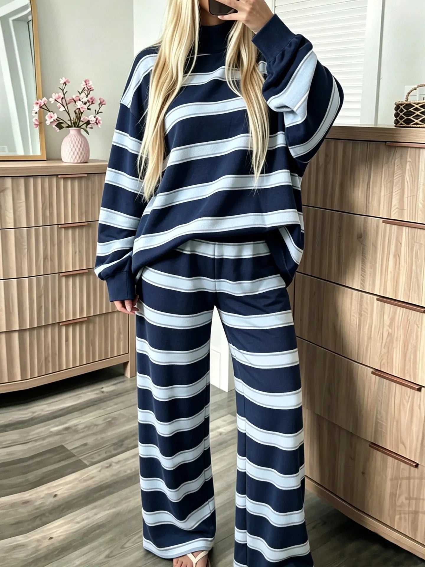 Casual Striped Matching Two Piece Set, Cozy Mock Neck Sweatshirt and Wide Leg Trousers