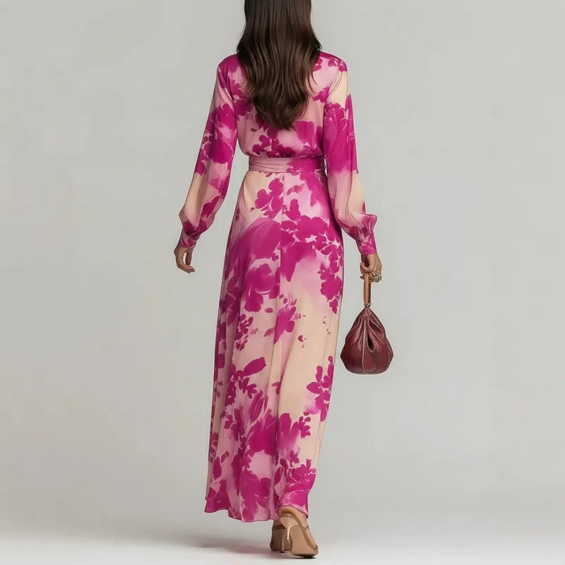 Pink Floral Deep V-Neck Belted Long Sleeve Maxi Dress
