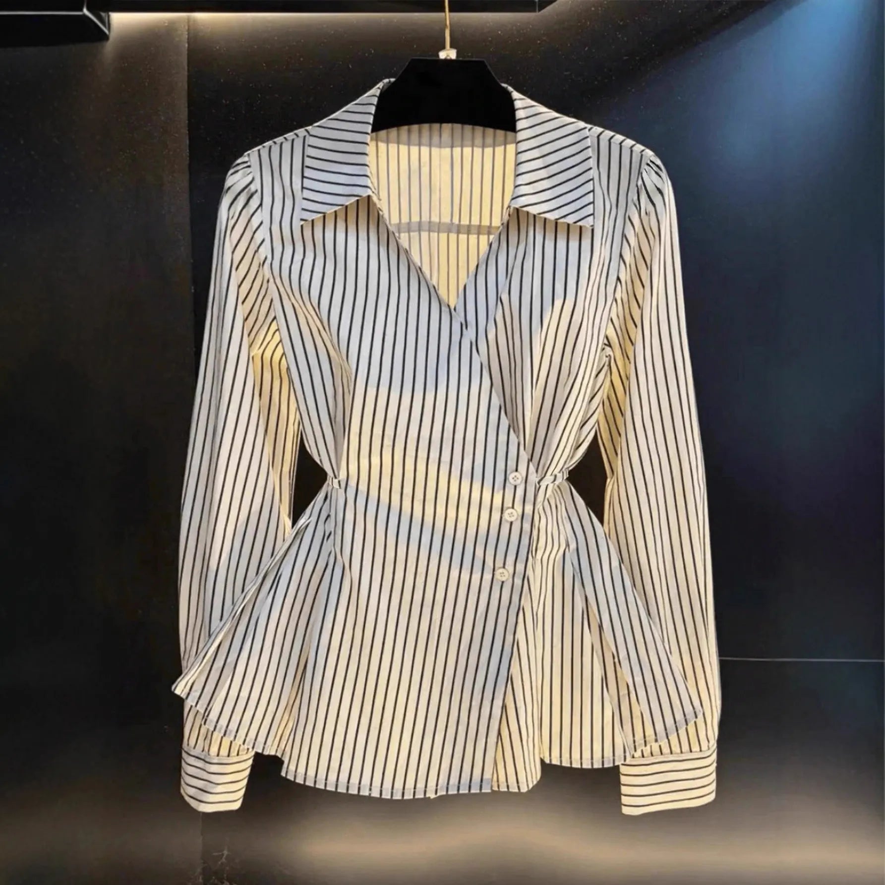 Lapel Wrap Side Tie Striped Slim Shirt