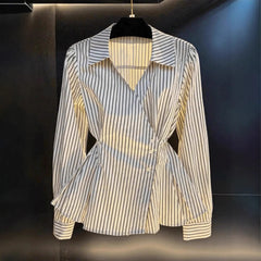 Lapel Wrap Side Tie Striped Slim Shirt