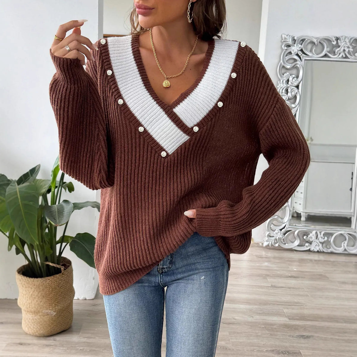 Color Block Beaded Off-Shoulder V-Neck Loose Knit Sweater