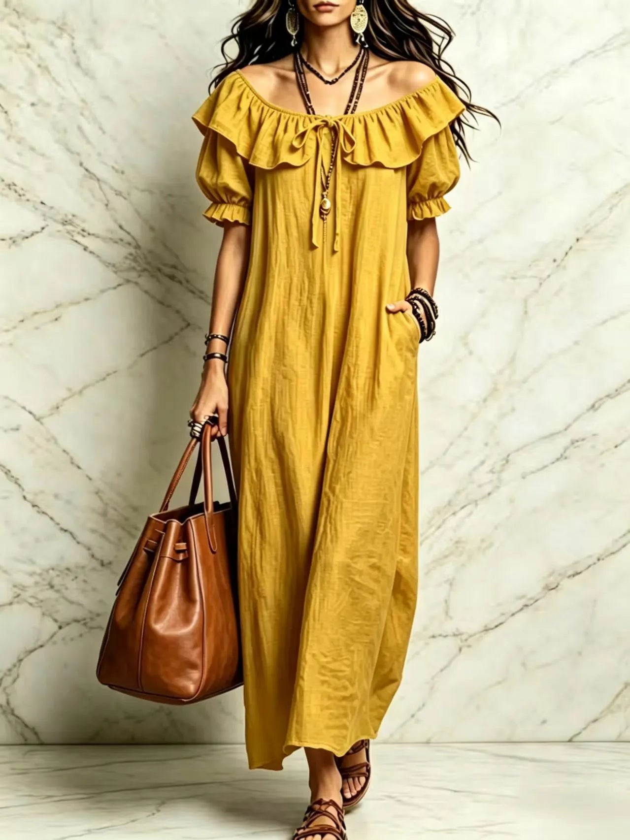 Ruffle Neck Puff Sleeve Maxi Dress