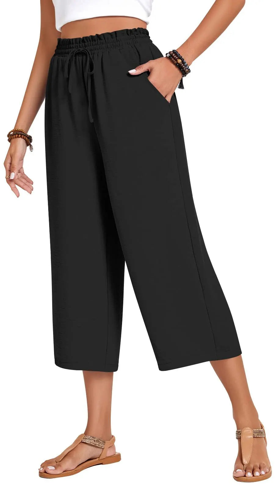 Matching Flowy Linen Look Floral Print Drawstring High Waist Loose Cropped Casual Daily Outfit Pants